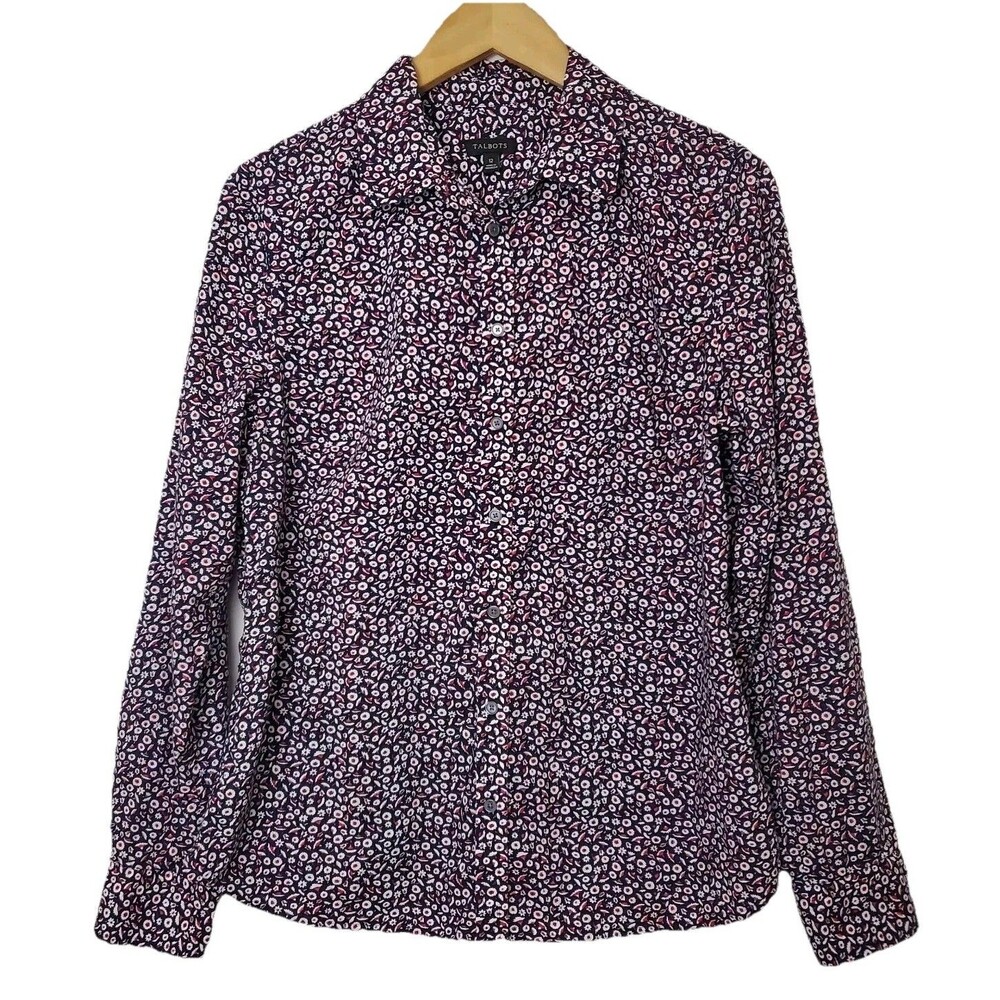 Talbots Button Up Top 12 Ditsy Floral Blue Pink Button Up Long Sleeve Cotton